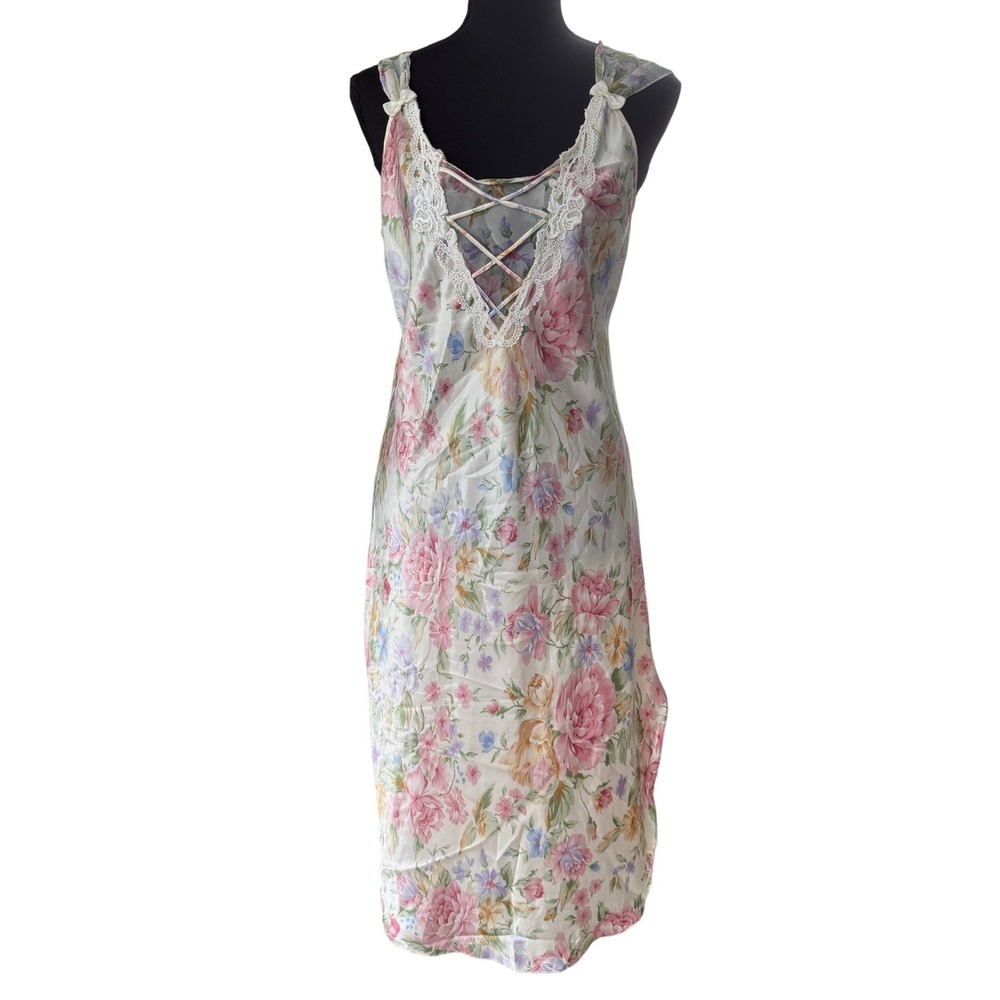 Alexandra Nicole Floral Satin Nightgown Lace Up V-Neck Chemise Sleepwear Pink
